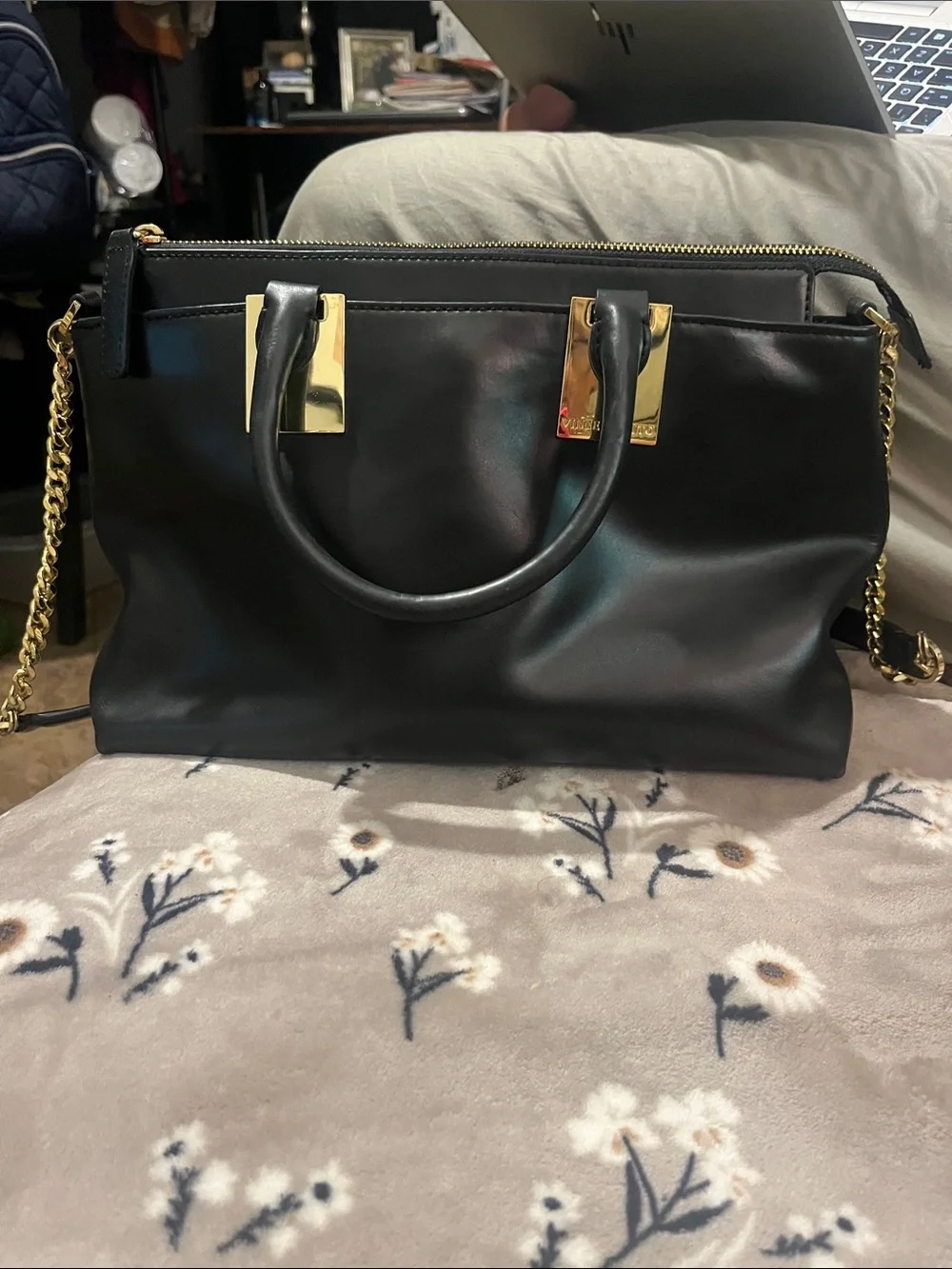 Vince Camuto Black Leather Tote with Gold Hardware for crossbody